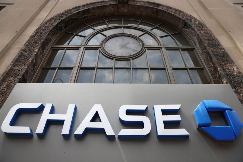 Signage is seen at a Chase Bank branch in Manhattan,