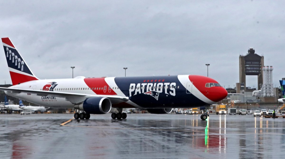 A New England Patriots Boeing 767-300 jet with a shipment