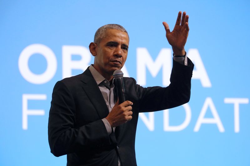 FILE PHOTO:  Former U.S. President Barack Obama speaks during