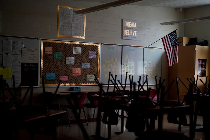 A classroom sits empty ahead of the statewide school closures