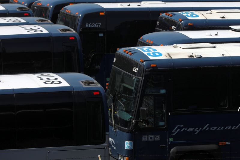 FILE PHOTO:  Greyhound buses are lined up in New