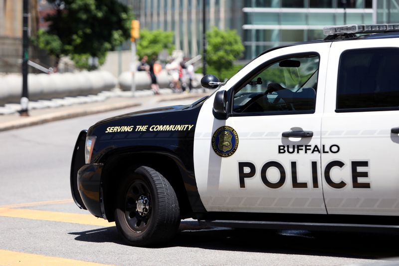 A view shows a Buffalo Police vehicle parked in front