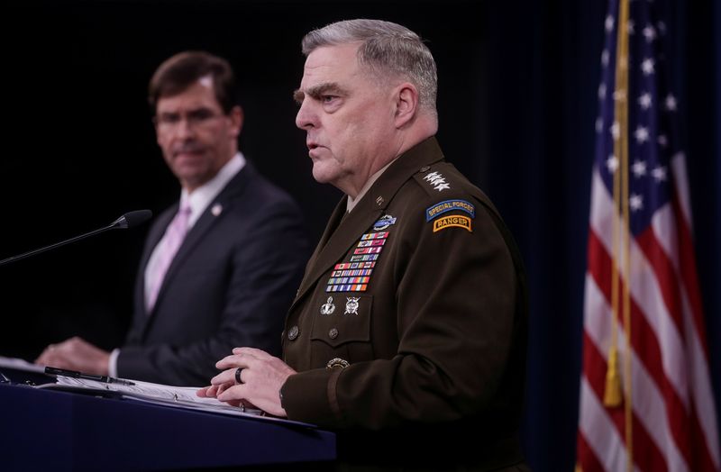 U.S. Defense Secretary Esper and Joint Chiefs Chair Milley hold