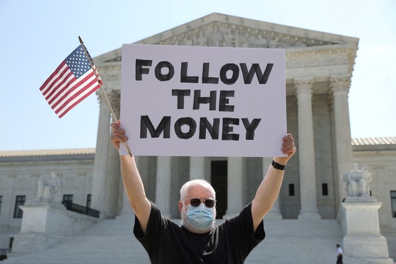Demonstrator holds sign outside the U.S. Supreme Court in Washington