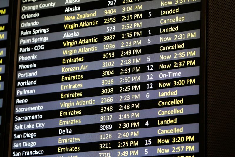FILE PHOTO: Several canceled flights are pictured on a monitor