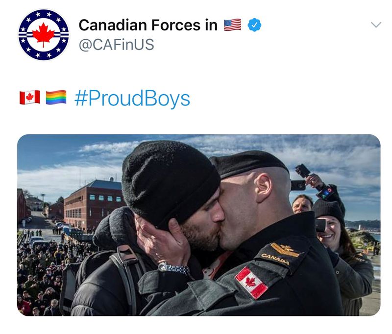 A tweet featuring a Canadian Forces sailor kissing his partner