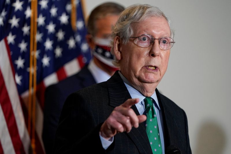 Senate Majority Leader Mitch McConnell (R-KY) speaks to journalists in