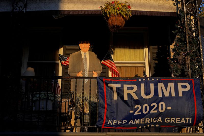 A cutout of U.S. President Donald Trump stands on a