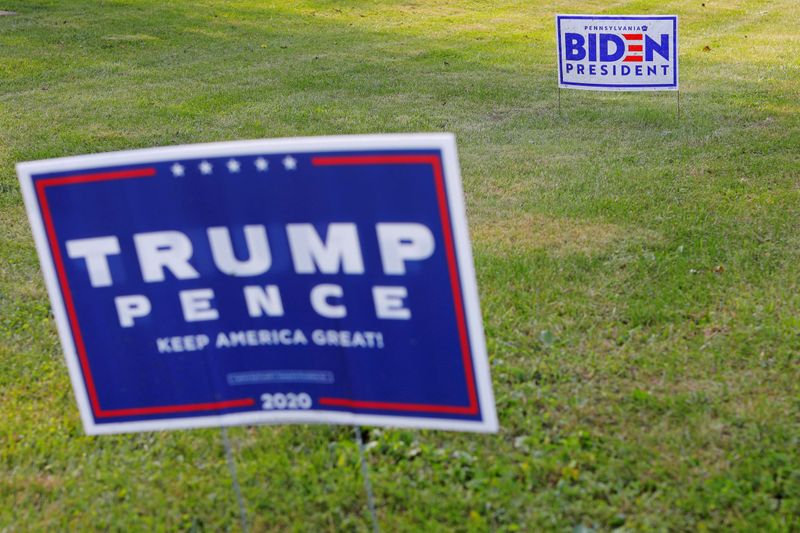 Campaign signs for Trump and Biden stand along a road