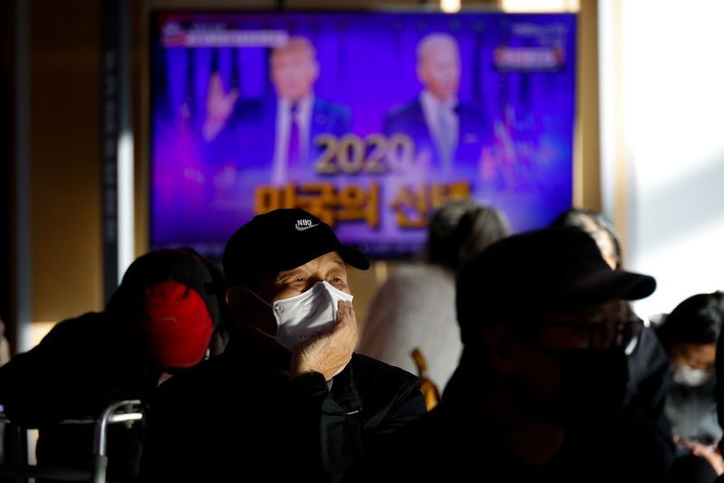 People watch a TV broadcast on the 2020 U.S. presidential