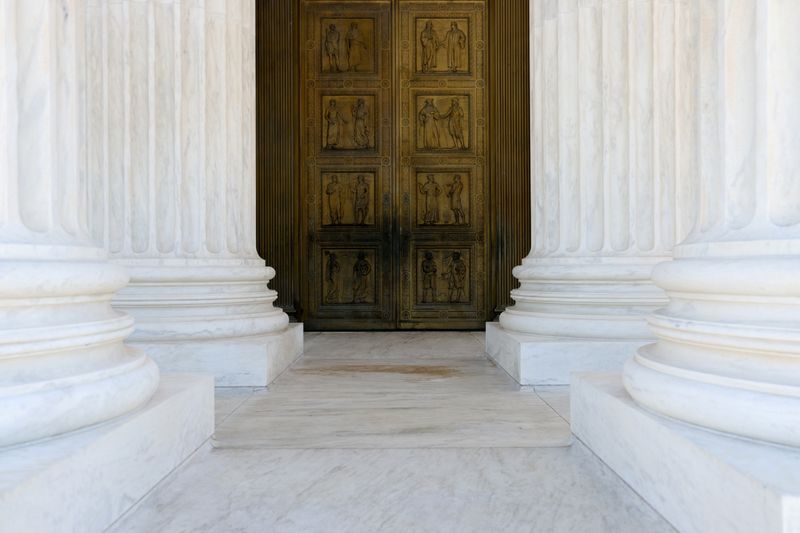 A general view shows the front doors of the U.S.