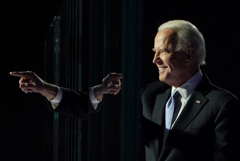 Democratic 2020 U.S. presidential nominee Joe Biden points a finger