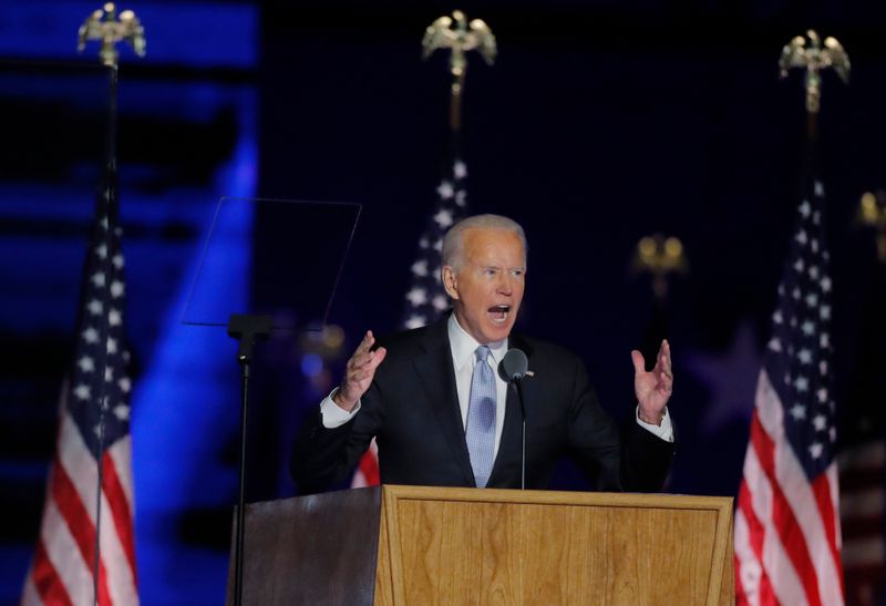Democratic 2020 U.S. presidential nominee Joe Biden speaks at his