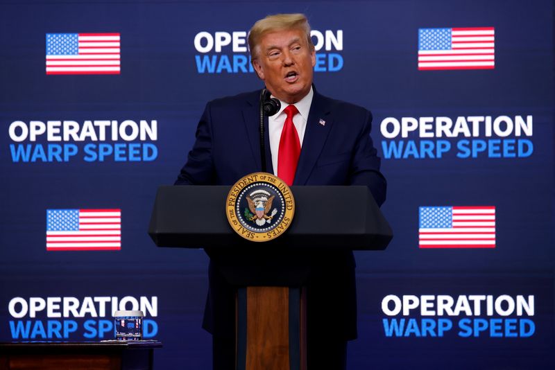 U.S. President Donald Trump delivers remarks at an Operation Warp