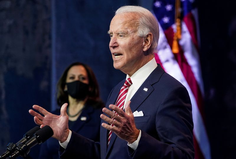 FILE PHOTO: U.S. President-elect Joe Biden speaks in Wilmington, Delaware
