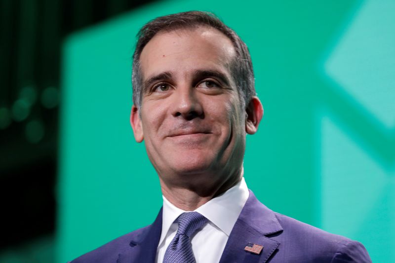 FILE PHOTO: Los Angeles Mayor Eric Garcetti delivers remarks at