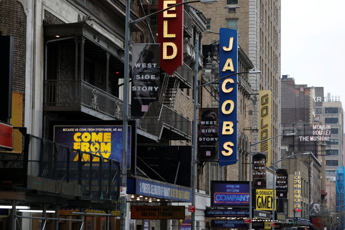 Theatres are seen along West 45th Street as Broadway shows