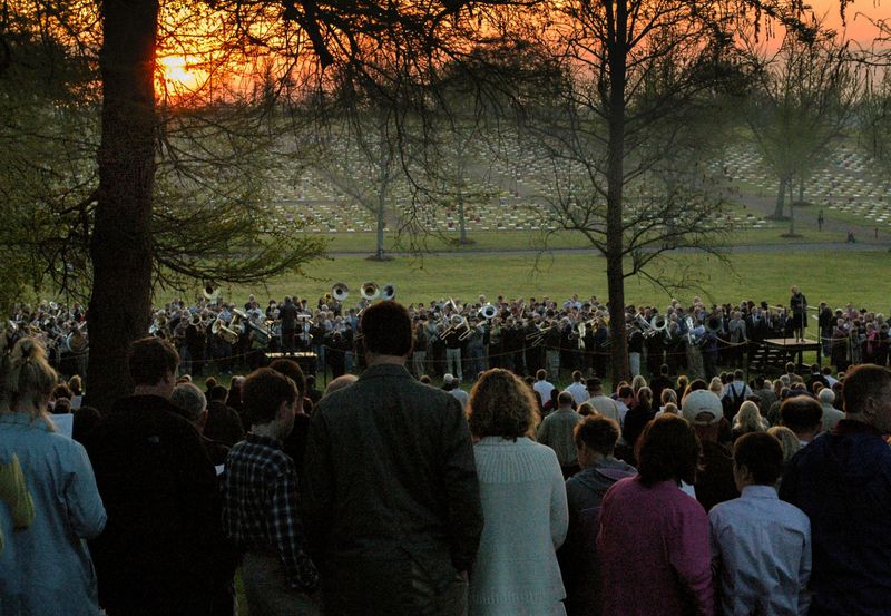 Worshippers attend a sunrise service God’s Acre graveyard at Home