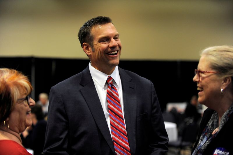 FILE PHOTO: Republican gubernatorial candidate Kris Kobach greets supporters at