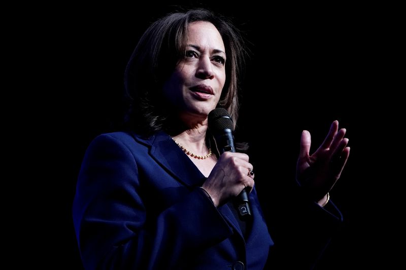FILE PHOTO: Kamala Harris appears on stage at a First