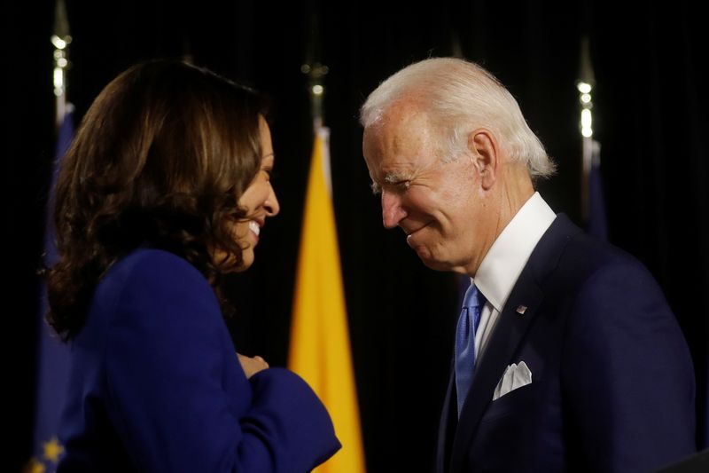 Democratic presidential candidate Biden and vice presidential candidate Harris hold