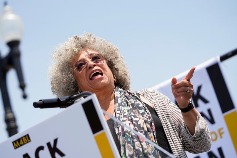 FILE PHOTO: Professor Angela Davis speaks at a rally calling