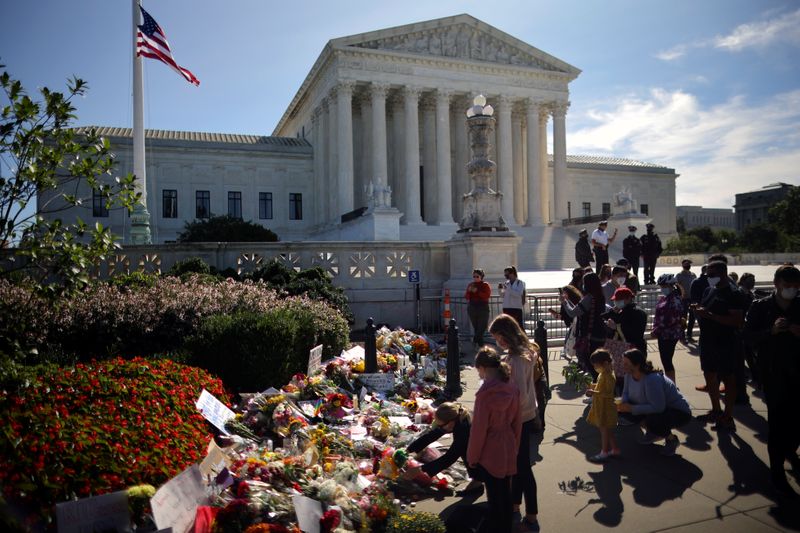 People gather in front of the U.S. Supreme Court following