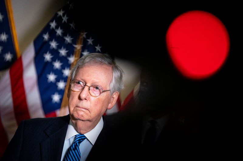 Senate Majority Leader Mitch McConnell (R-KY) speaks to reporters after
