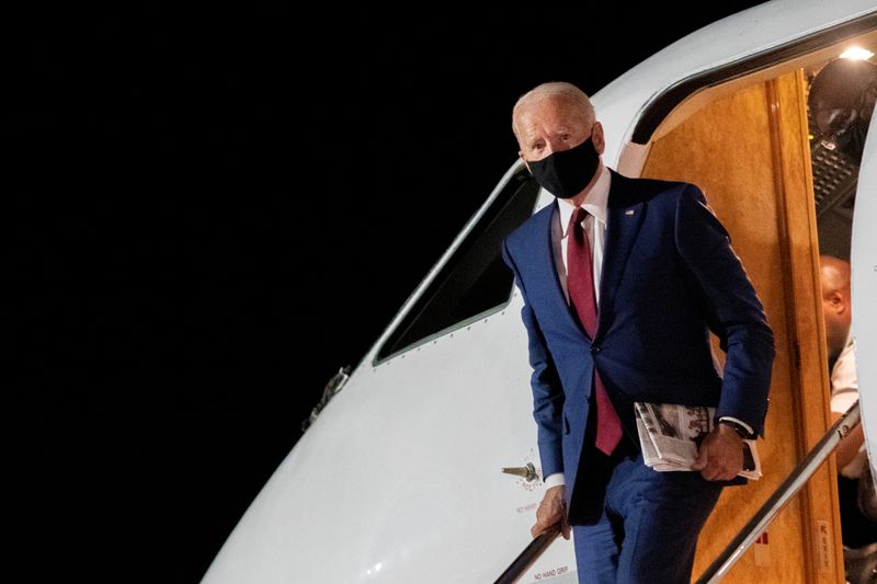 Democratic U.S. presidential nominee Joe Biden disembarks plane in New