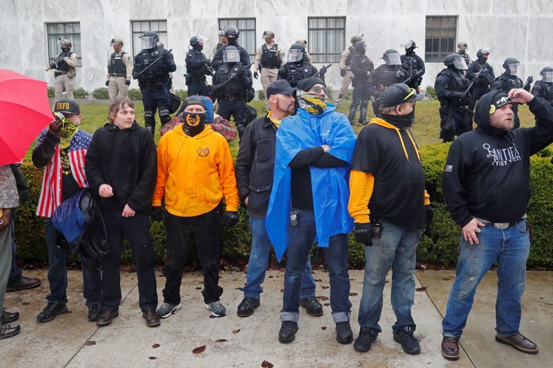 Members of the Proud Boys stand in front of police