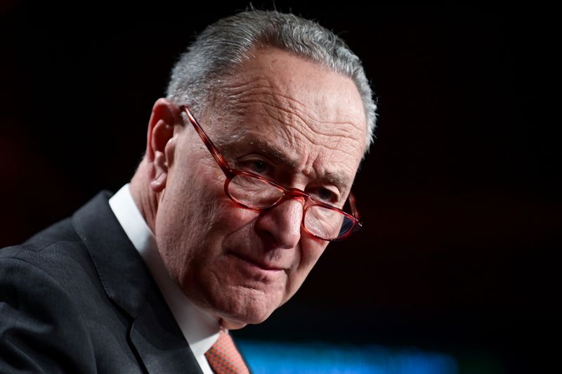 Senate Minority Leader Schumer speaks during a news conference at