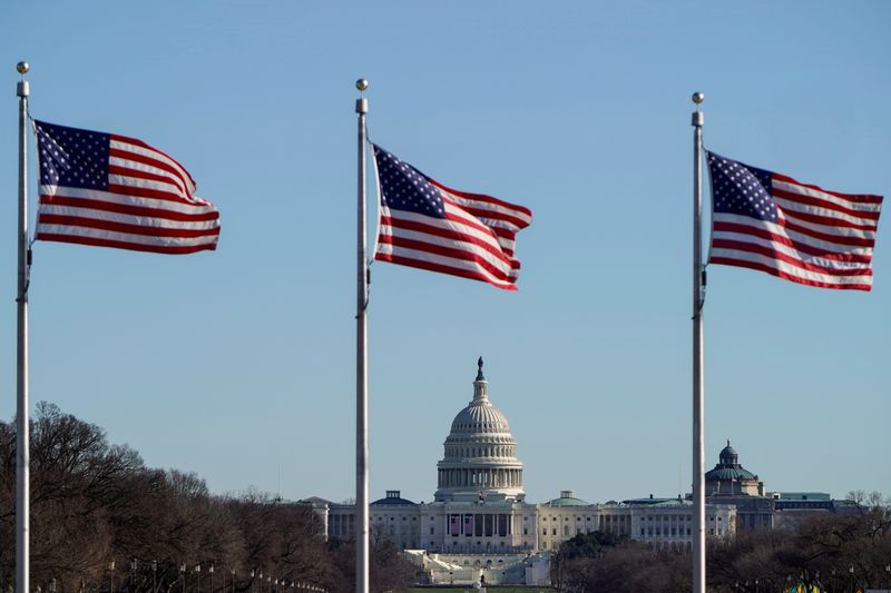 The U.S. Capitol is seen under flags in Washington