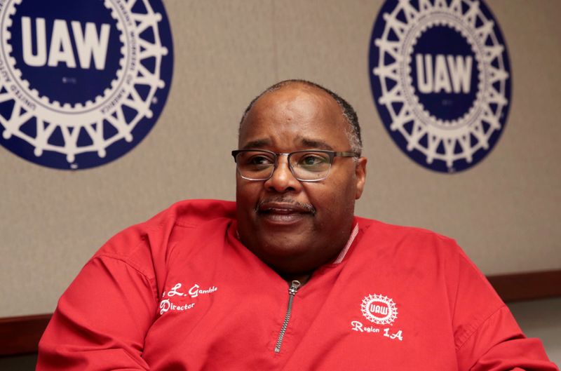 United Auto Workers (UAW) acting president Rory Gamble speaks to