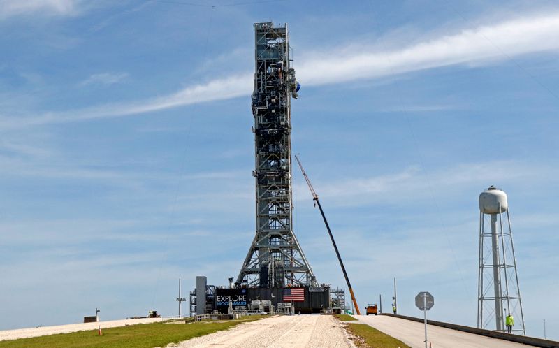 FILE PHOTO: NASA’s Space Launch System mobile launcher stands atop