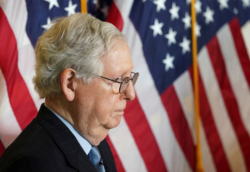 FILE PHOTO: McConnell listens to comments to reporters after Senate
