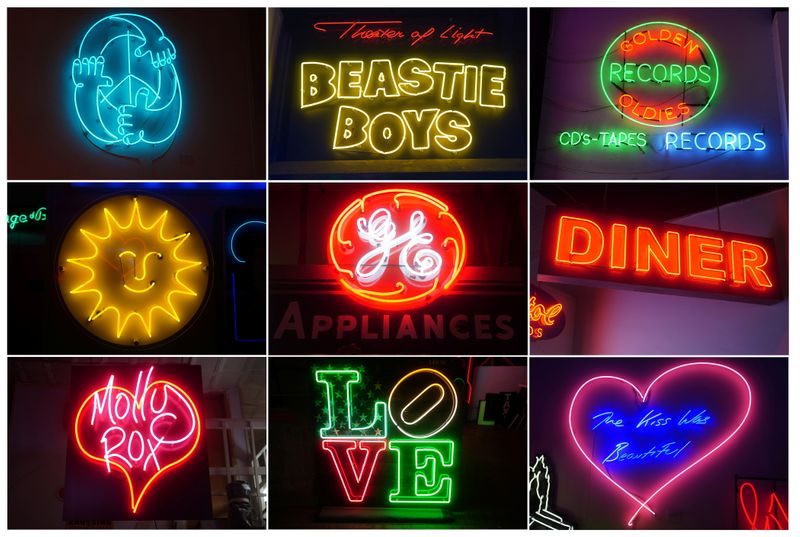 Neon signs are pictured in this combination image at the