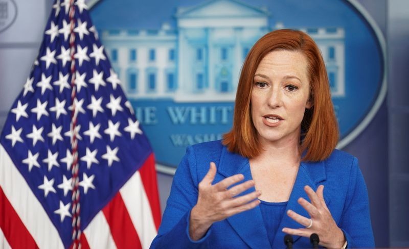 Jen Psaki speaks at a news briefing at the White