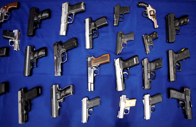 FILE PHOTO: Seized handguns are pictured at the police headquarters