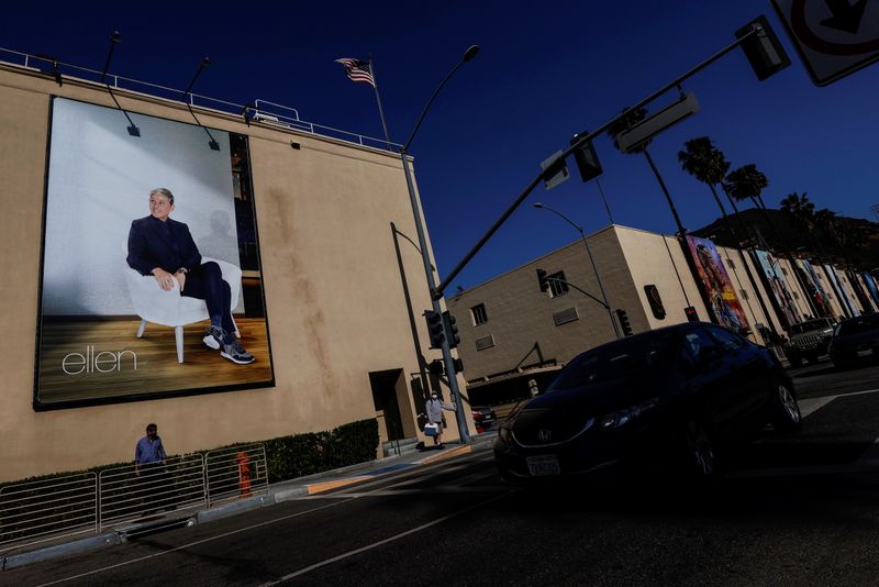 A billboard advertising “The Ellen DeGeneres Show” is pictured outside