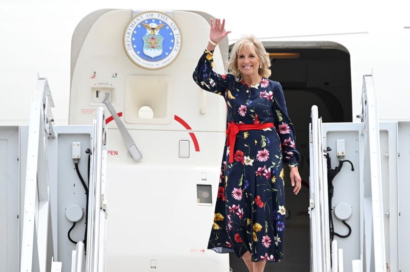 U.S. first lady Jill Biden walks off the plane as