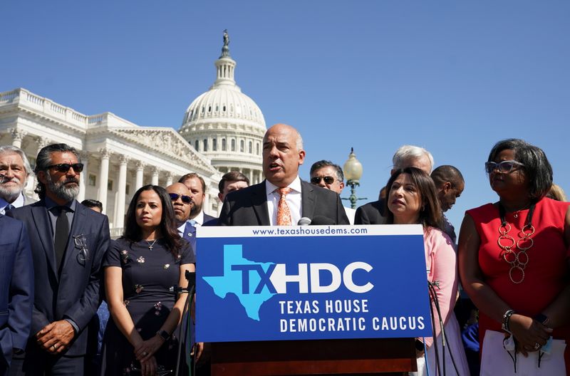 Democratic members of the Texas House of Representatives speak at