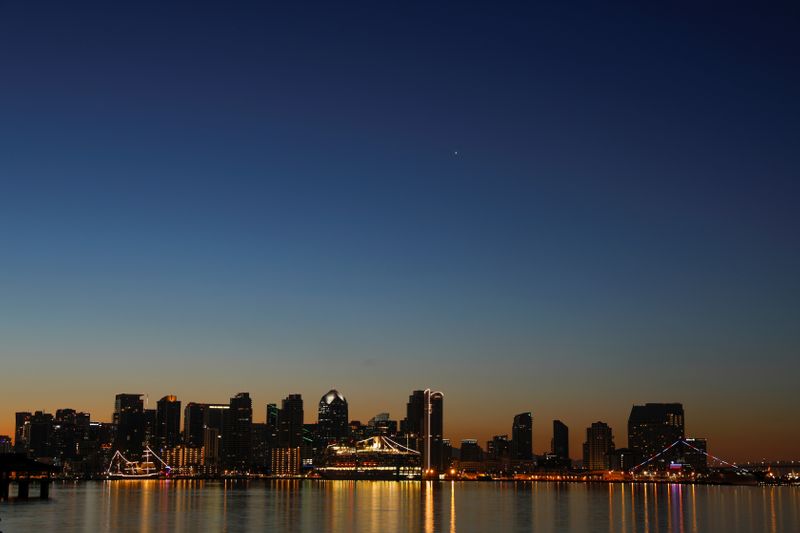 The skyline of San Diego, California, U.S.  is shown
