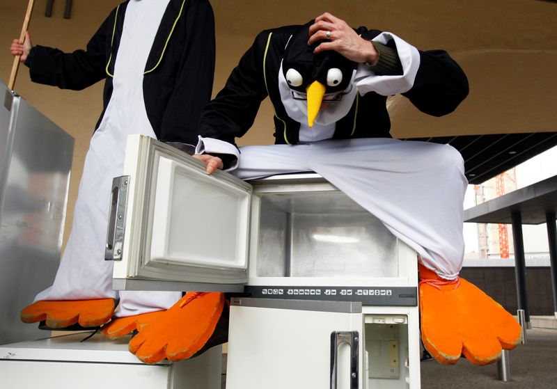 FILE PHOTO: Climate activists dressed as penguins protest outside the