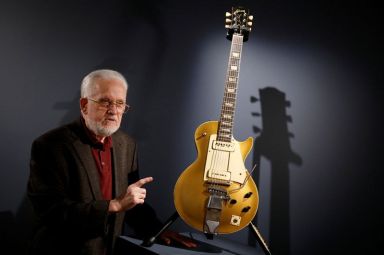 The “Number One” guitar is displayed at Christie’s auctions in