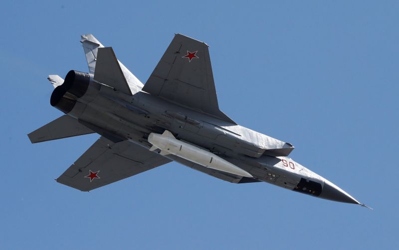 A Russian Air Force MiG-31 fighter jet flies during the