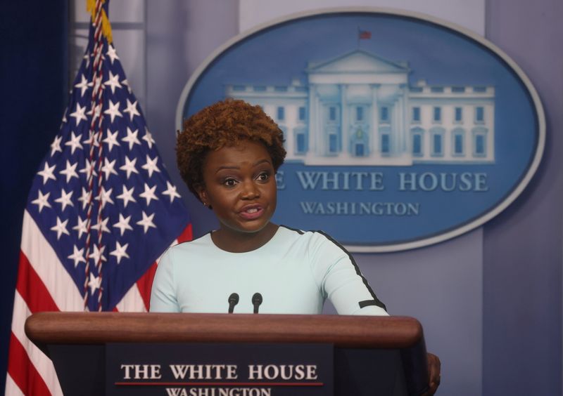 FILE PHOTO: White House Deputy Press Secretary Karine Jean-Pierre holds