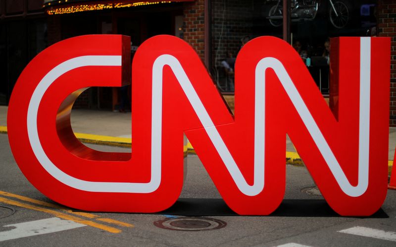 The CNN logo stands outside the venue of the second