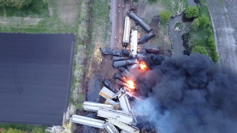 Fire is seen on a Union Pacific train carrying hazardous