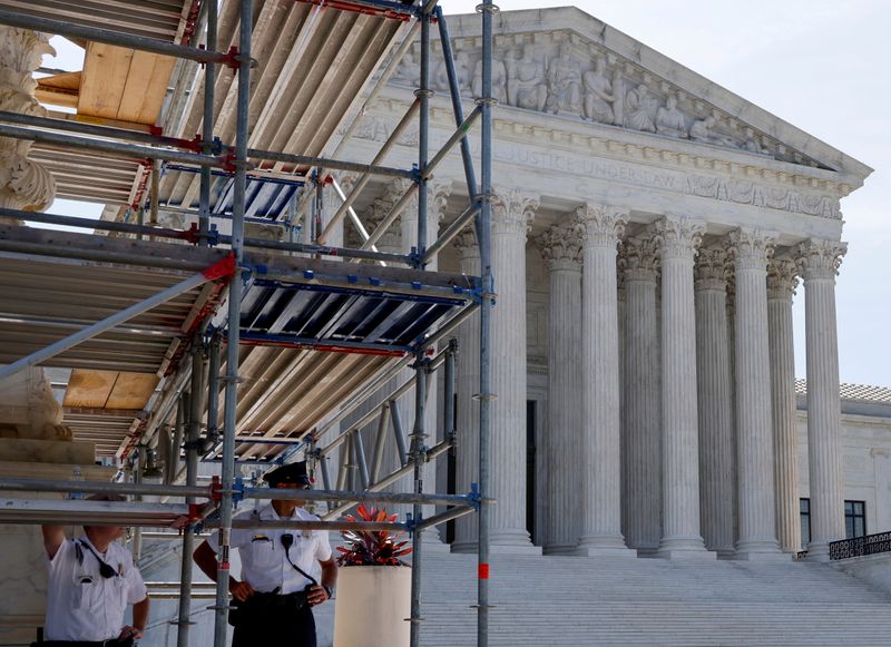 FILE PHOTO: U.S. Supreme Court police officers take shelter from