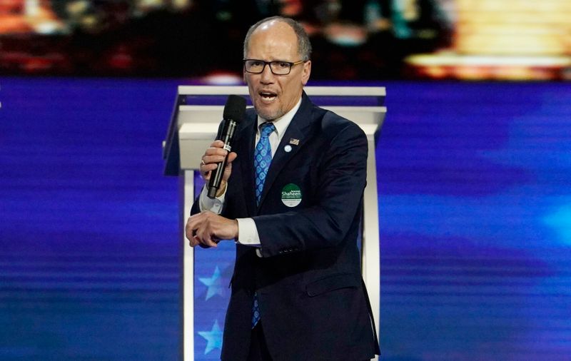 Democratic National Committee Chairman Tom Perez speaks to the crowd